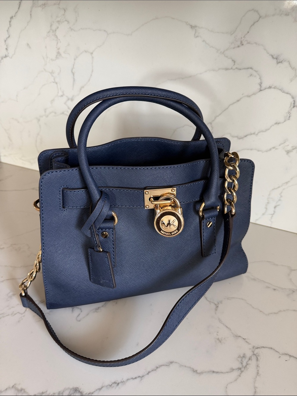 Michael Kors Blue Saffiano Leather Satchel with Gold Hardware